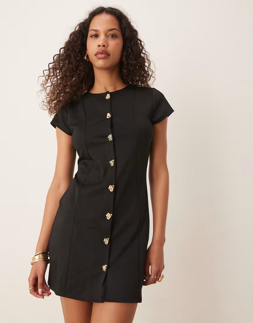ASOS DESIGN short sleeve seam button detail mini dress in black | ASOS (Global)