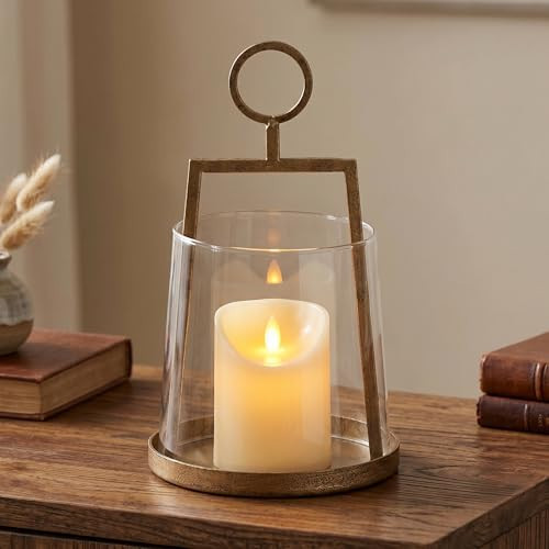 Modern Farmhouse Hurricane Candle Holder, Antique Brass Metal Centerpiece with Sturdy Glass Sleeve, Tabletop Geometric Lantern for Pillar Candles, Plants & Home Decor (6" x 10") | Amazon (US)
