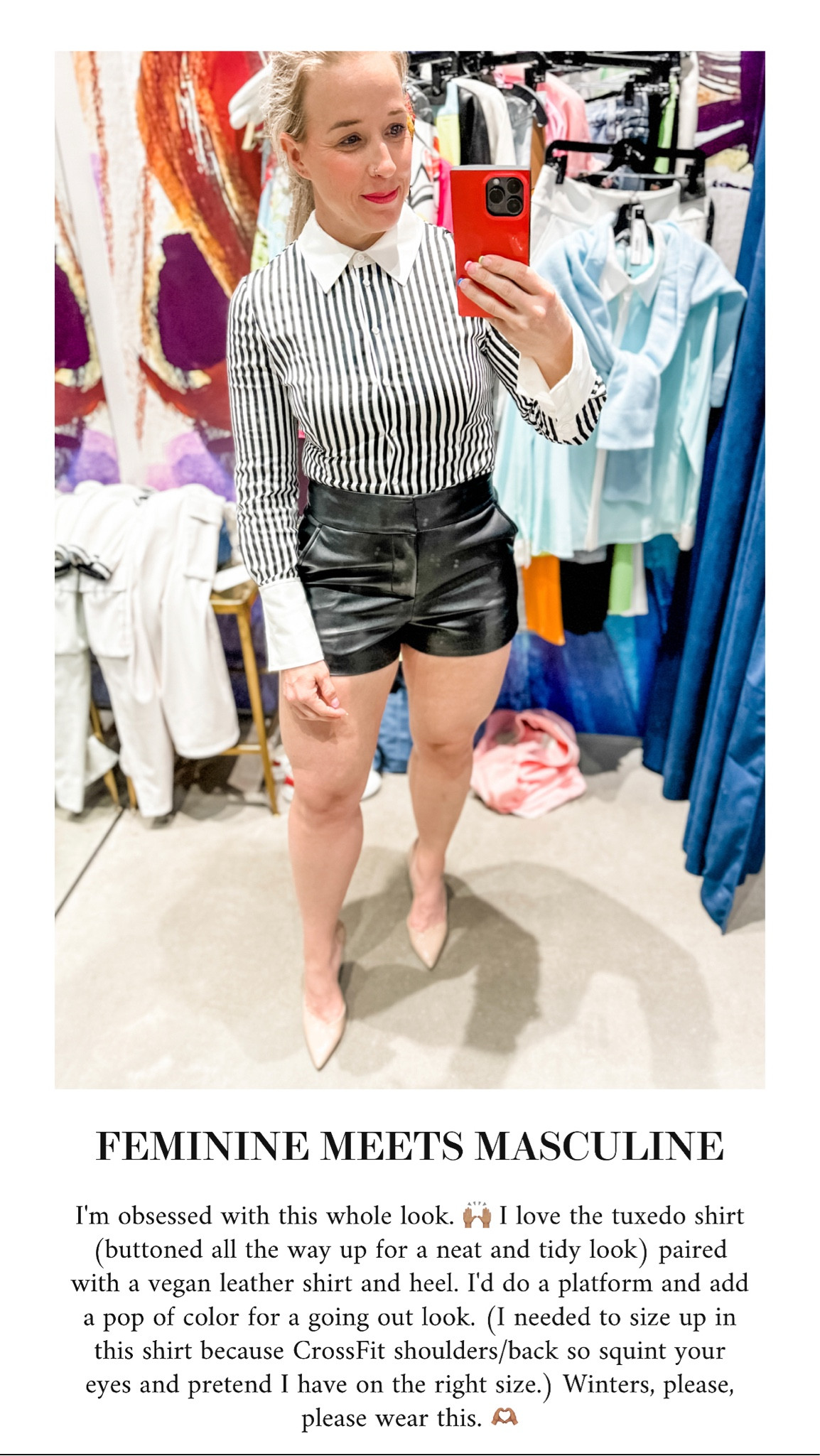 Black and white striped tuxedo shirt with white cuffs paired with a black vegan leather short that’s classic and versatile. 

#Hocwinter 
House of Colour Winter

#LTKworkwear #LTKstyletip #LTKFind