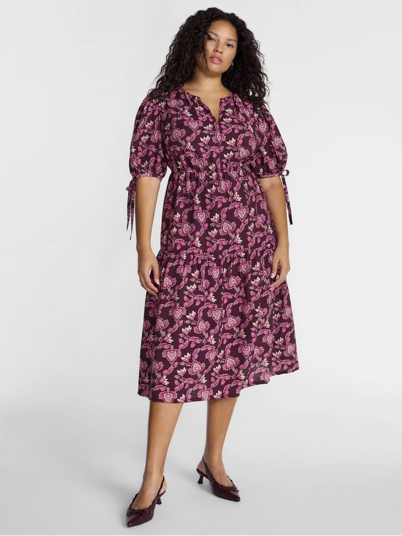 Terra & Sky Women\u2019s Plus Tiered Midi Dress with Short Puff Tie Sleeves, Sizes 0X-5XTS TIE SL... | Walmart (US)