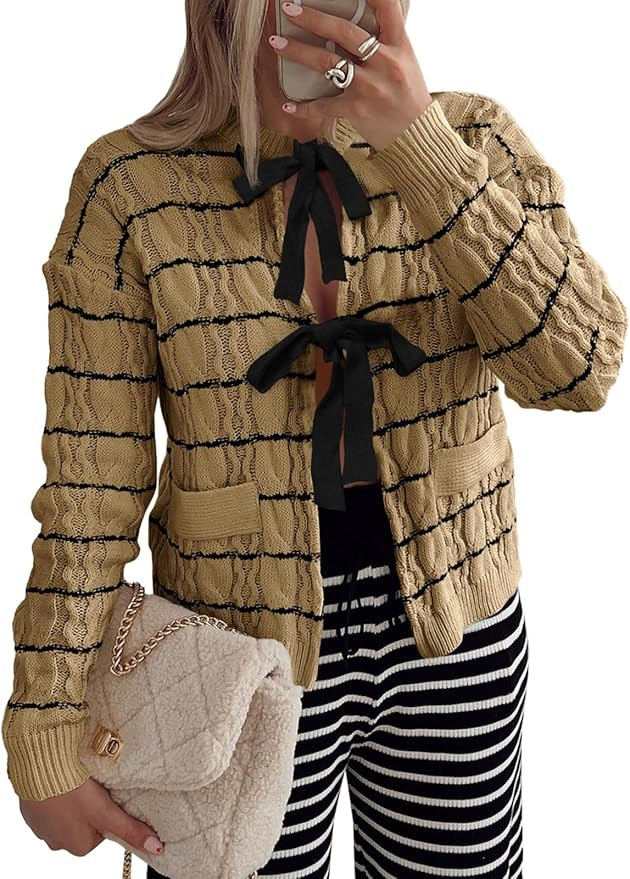 Saodimallsu Womens Striped Tie Front Cardigan Sweaters Crew Neck Long Sleeve Cable Knit Bow Knot ... | Amazon (US)