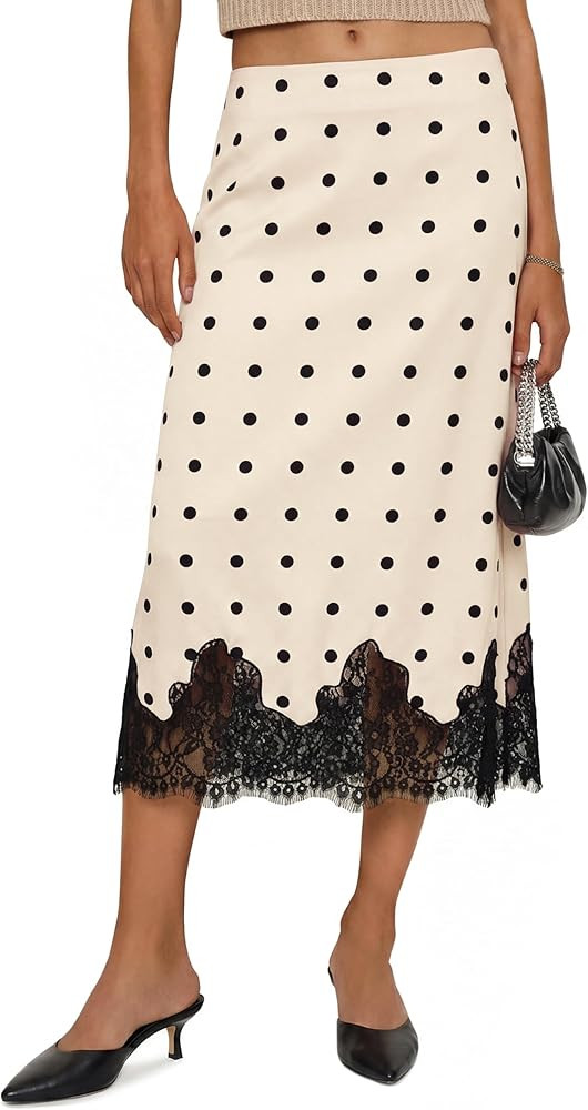 Cicy Bell Womens Silk Satin Midi Skirts Casual Dressy Lace Hem High Waisted A-Line Skirt Elegant ... | Amazon (US)