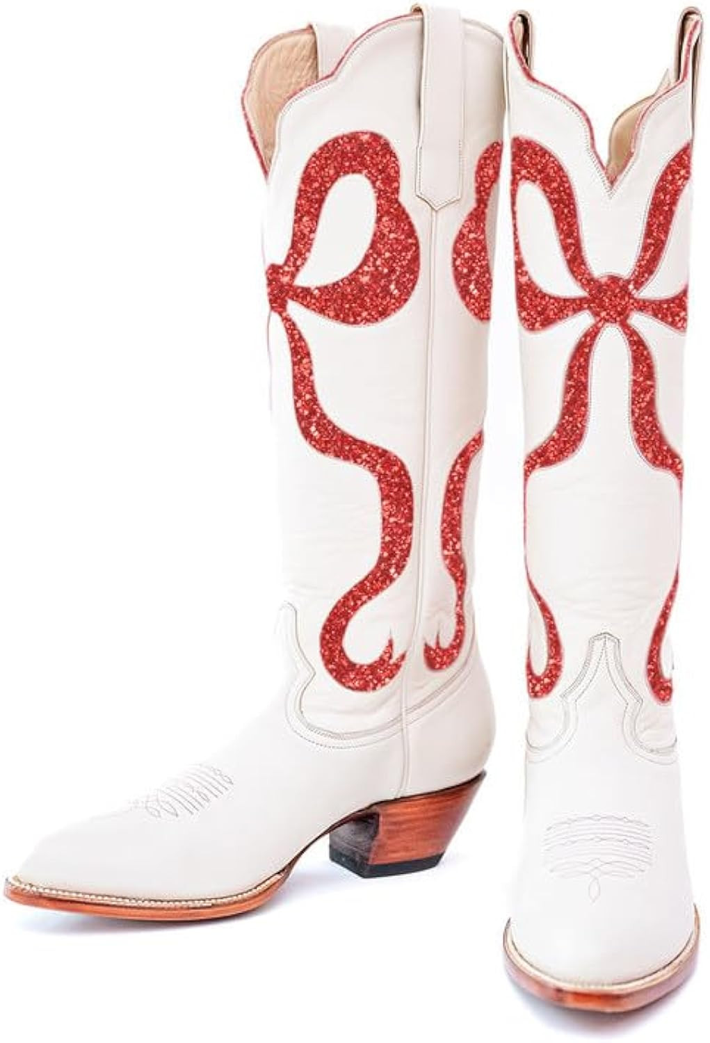MissHeel Knee High Cowgirl Boots with Glitter Bows White Cowboy Boots for Women | Amazon (US)
