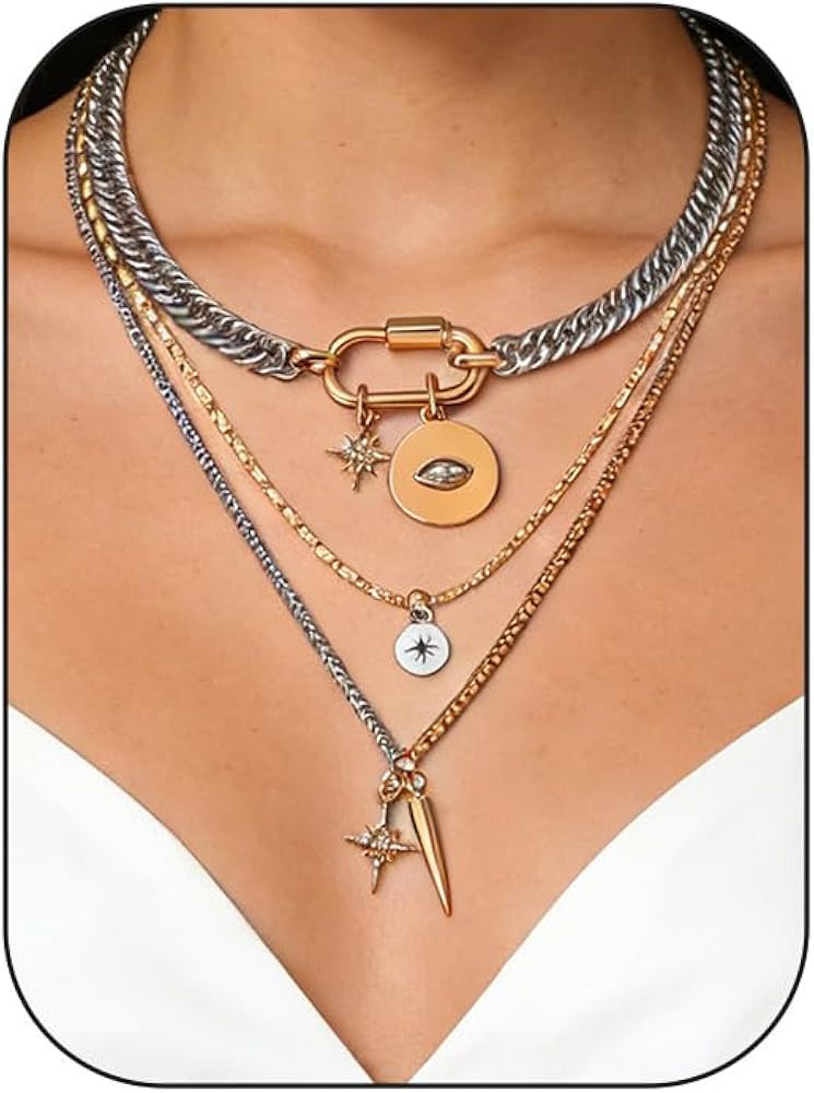 Valentines Day Gifts for her,Gold Statement Necklace,Muliti Layered Necklaces for Women,Chunky Tw... | Amazon (US)