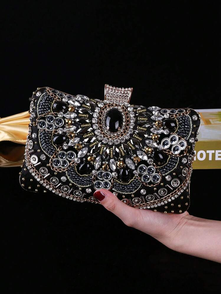 A Black Rhinestone And Rhinestone-Studded Embroidery Floral Pattern Ladies Evening Bag With Fine Heavy Beads, Quiet Luxury Style, Gorgeous Style, Elegant And Fashionable Elegant, Versatile Small Bag, Aristocratic Style Evening Party Handbag, Cocktail Party Party Handbag, Party Hand Grab Bag, Paired With Evening Dresses, Wedding Dresses, And Shopping With A Shoulder, Diagonal Or Chain Metal Clutch Bag, Suitable For Exhibitions, Fashion Shows, Evening Wear Bags, Vintage High-End Luxury And Sparkling Rhinestone And Faux Jewelry Faux Pearl Bag. , Bags Ladies Elegant | SHEIN