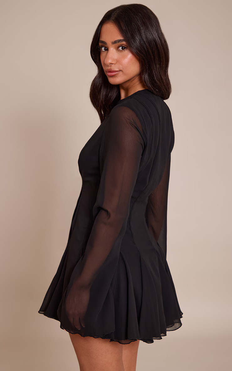 Petite Black Button Detail Long Sleeve Mini Dress | PrettyLittleThing UK