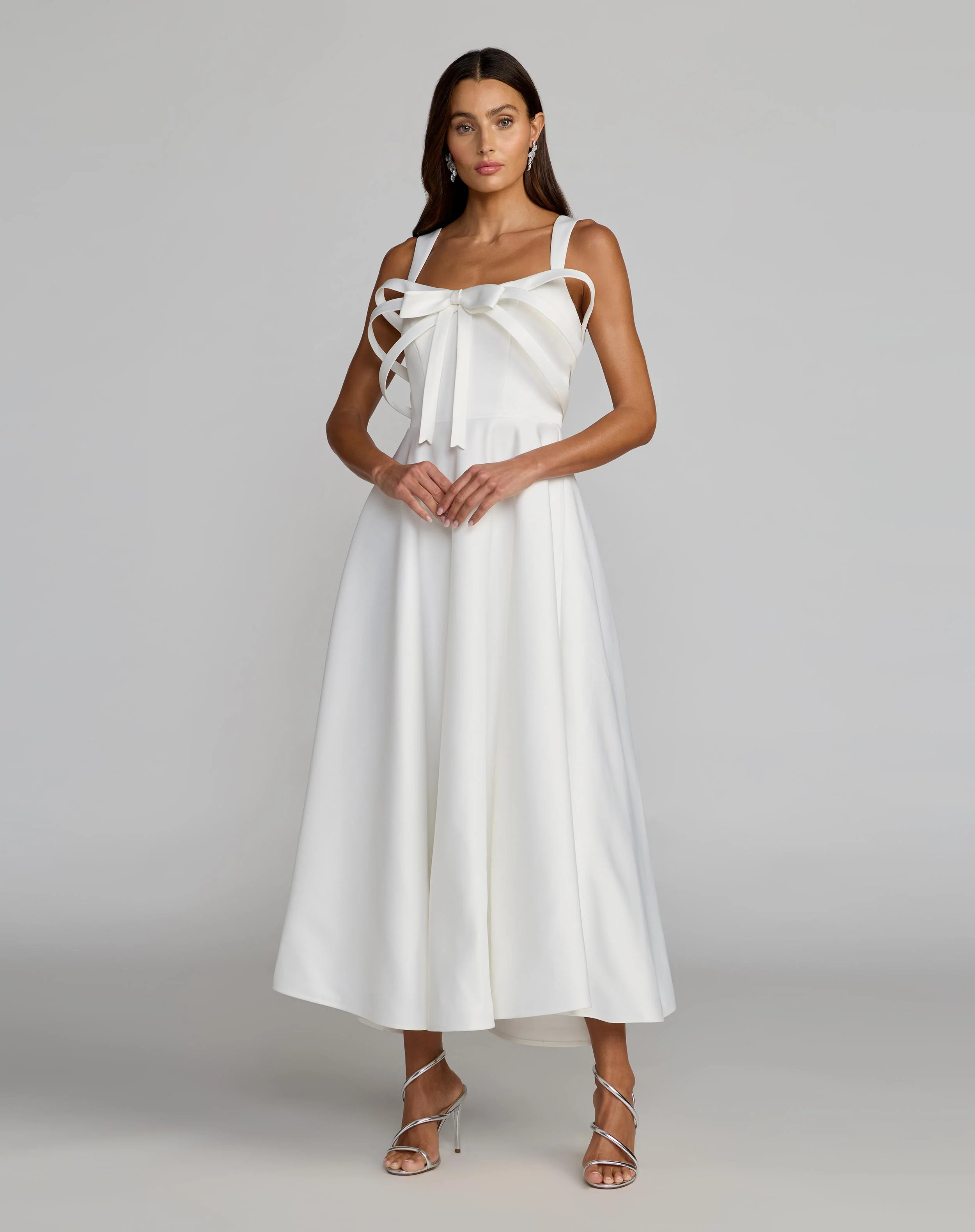 White Satin Sleeveless A Line Midi Dress With Bow | Mac Duggal | Mac Duggal