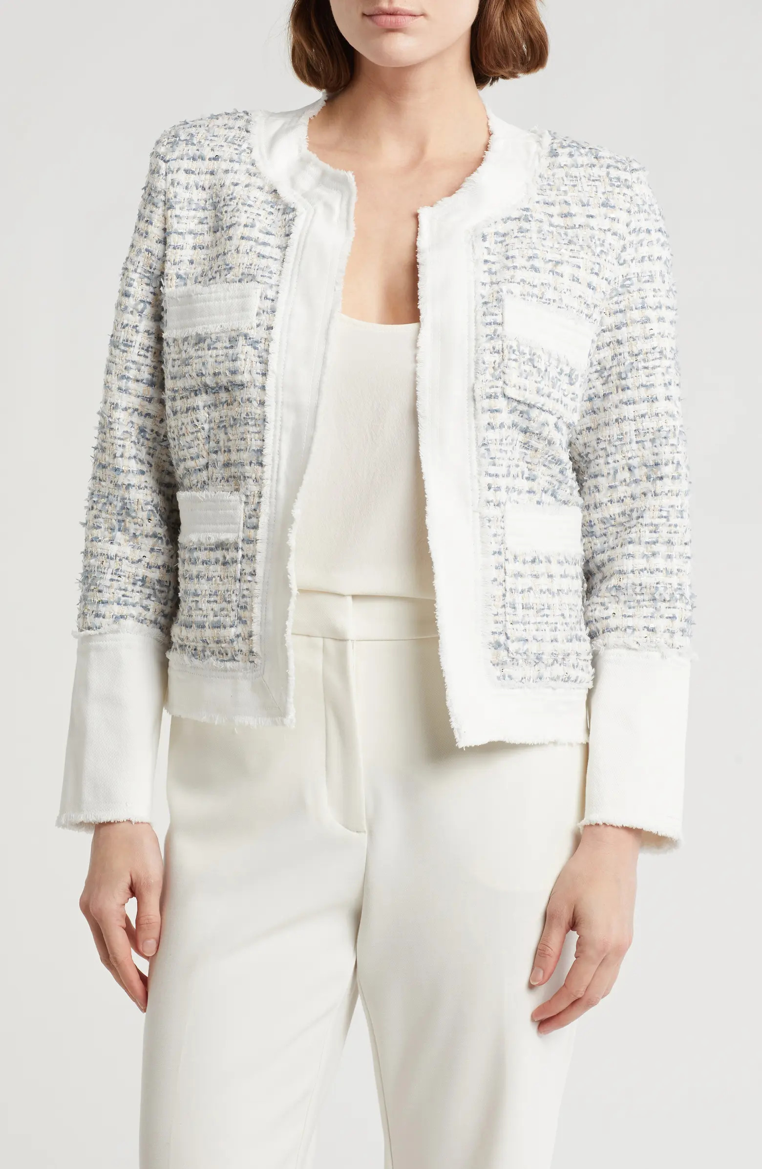Nanette Lepore Denim Trim Bouclé Tweed Jacket | Nordstromrack | Nordstrom Rack