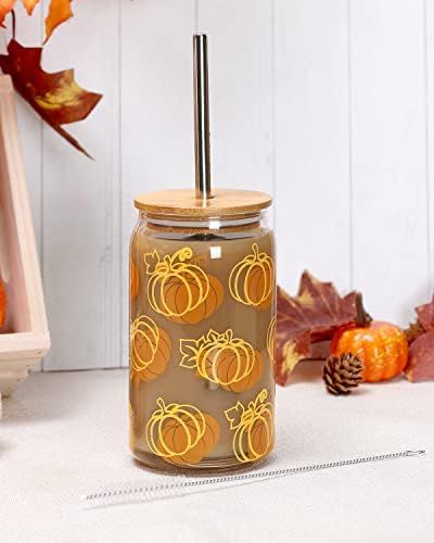 Beer Can Glass with Bamboo Lid and Metal Straw, Fall Pumpkins 16 OZ Can Shaped Glass Cups, Orange... | Amazon (US)