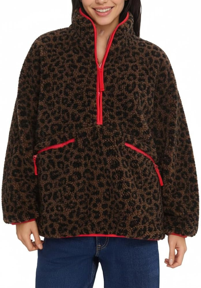 GQBiaoji Women's Oversized Leopard Print Sherpa Jacket Half-Zip Plush Fleece Pullover Outerwear w... | Amazon (US)