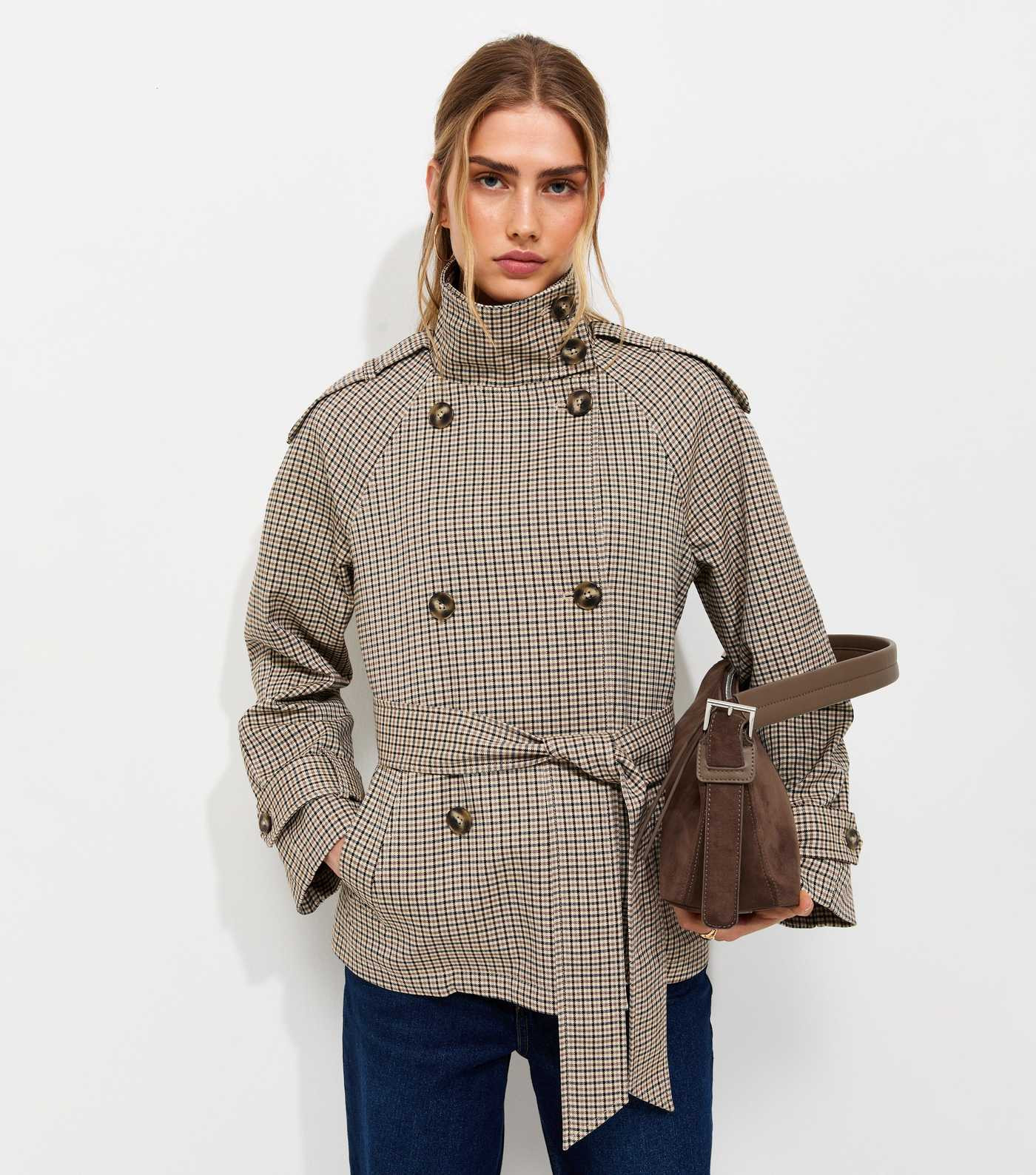 Brown Check High Neck Belted Mac Jacket | New Look | New Look (UK)