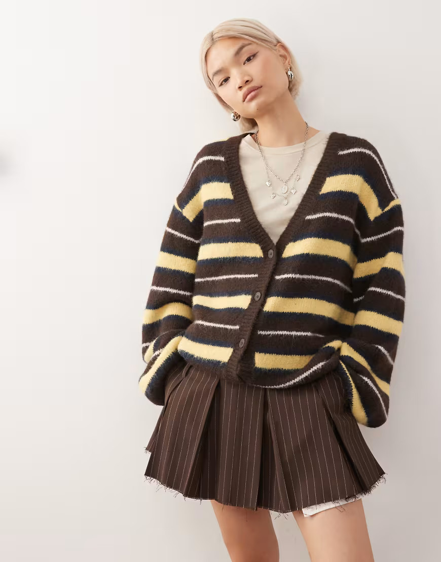 Monki oversized fluffy knit cardigan in brown and yellow stripe | ASOS (Global)