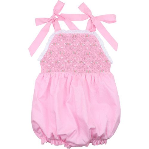 Pink Smocked Rosebud Shoulder Tie Bubble | Cecil and Lou