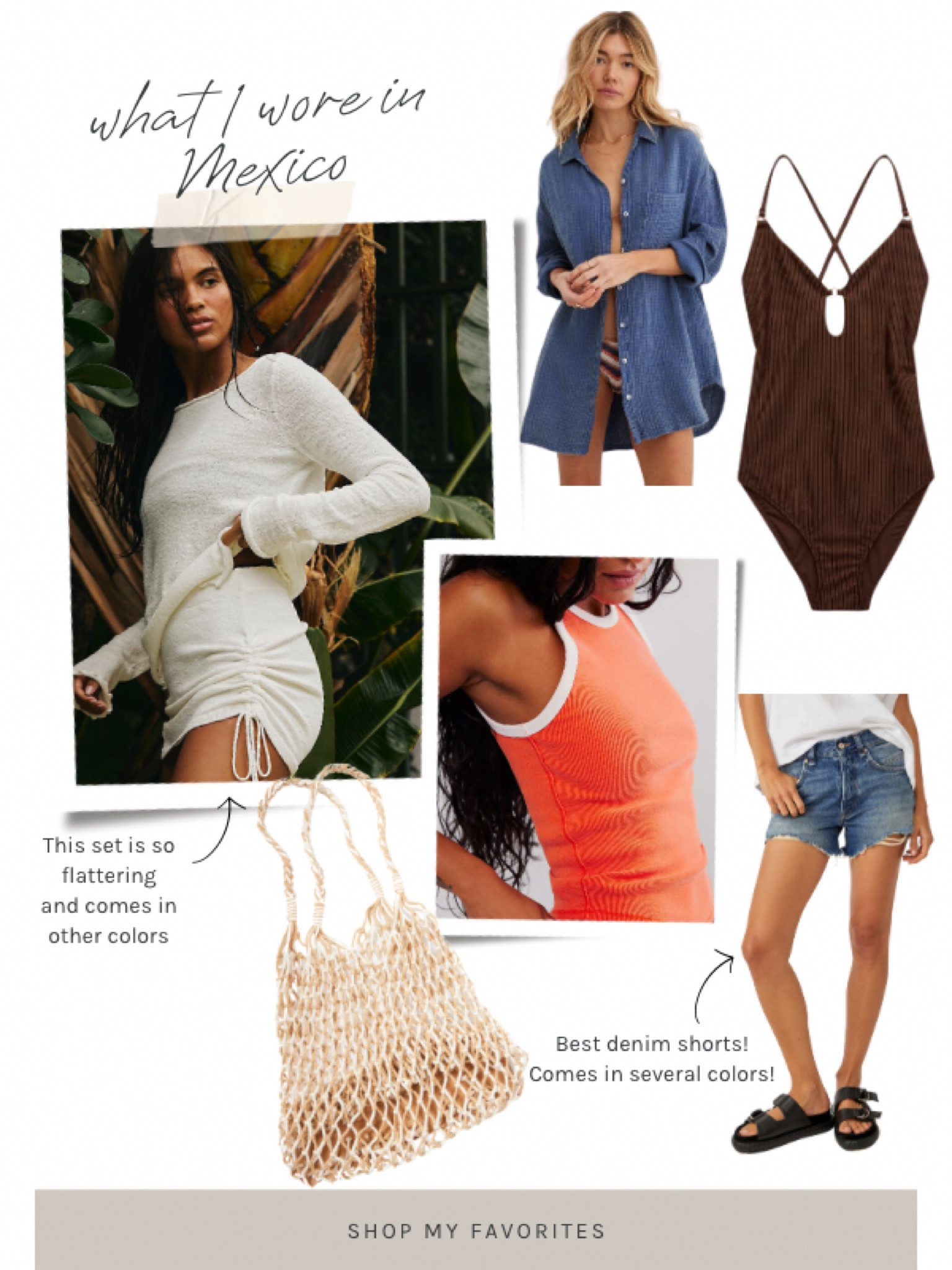 What I wore in Mexico 

Two piece set 
Best coverup shirt (size down)
One piece bathing suit 
Free people tank and denim shorts
Crochet bag 

#LTKFestival #LTKstyletip #LTKswim