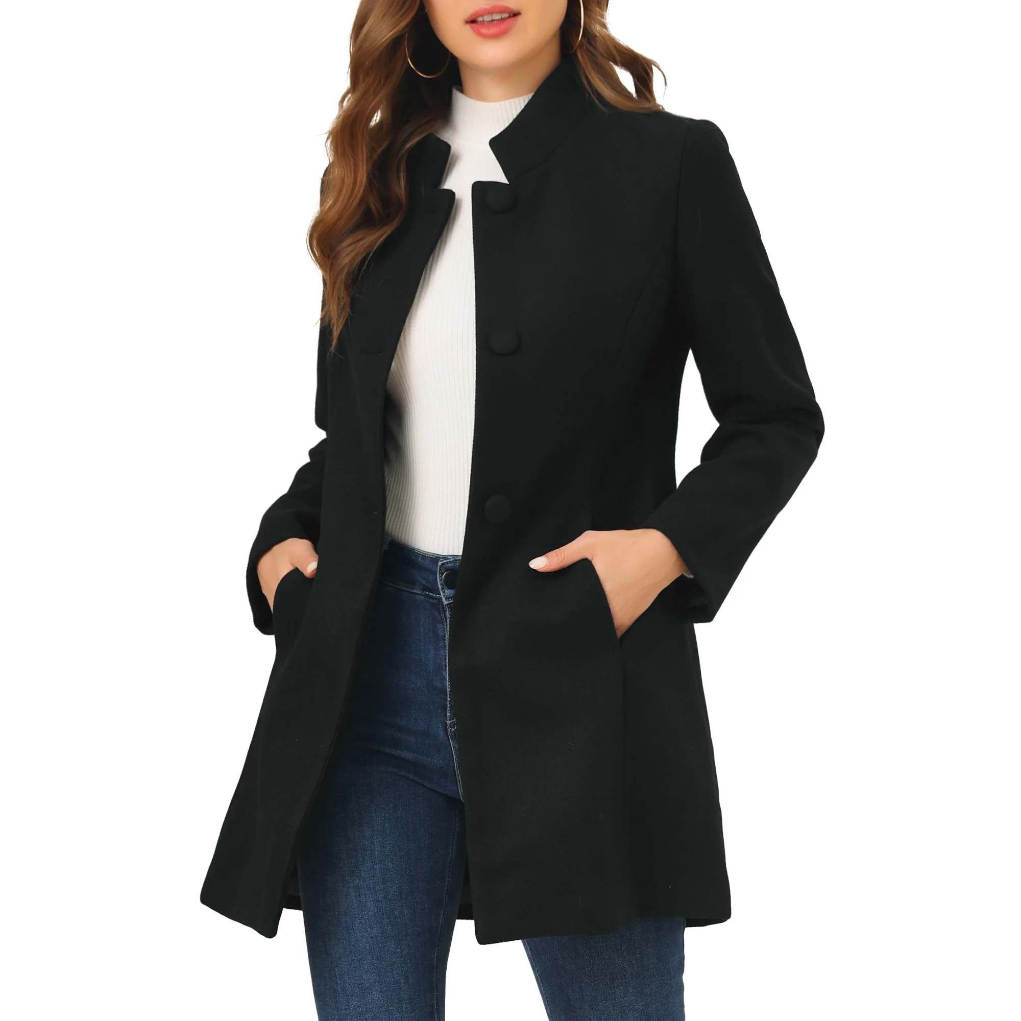 INSPIRE CHIC Women's Winter Overcoat Mid Length Stand Collar Single Breasted Outerwear Coat M Bla... | Walmart (US)