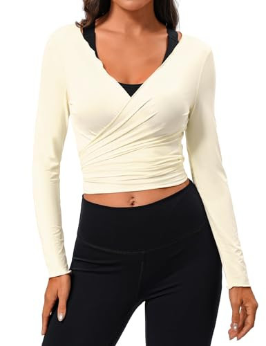 Womens Tie Front Pilates Wrap Top Long Sleeve Workout Tops Bolero Shrugs Crop Cardigan Yoga Ballet Cover up Tops Pilates Outfits Beige Small | Amazon (US)