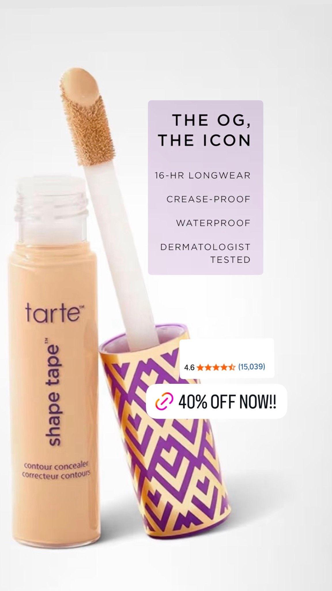 Tarte shape tape is 40% off now on Amazon!!!! 

+ full-coverage concealer with natural matte finish for instant face lift effect
tape technology helps smooth & blur appearance of fine lines & wrinkles; applies easily with jumbo speed smoother

+ crease-proof formula won’t cake or settle with 16 hrs of flawless wear, smooths & brightens appearance for an instant eye lift effect

+ CLINICAL RESULTS: 16-hr longwear; 12-hr crease proof; waterproof; vegan; dermatologist tested *based on a clinical study of 32 subjects

+ SKINVIGORATING INGREDIENTS: shea butter moisturizes & conditions; mango butter helps moisturize & condition; licorice root brightens appearance of dark circles 

#LTKBeauty #LTKOver40 #LTKSaleAlert
