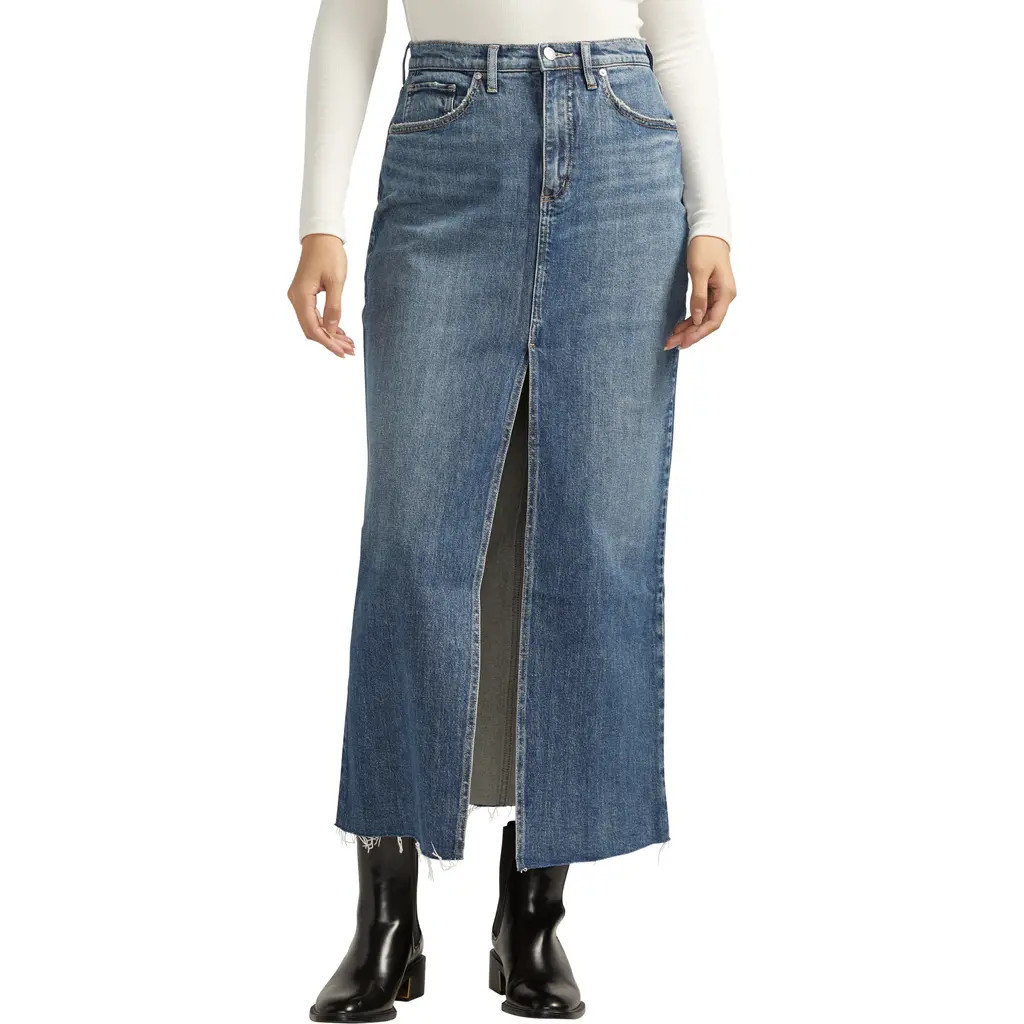 Silver Jeans Co. Front Slit Denim Midi Skirt in Indigo at Nordstrom, Size 30 | Nordstrom