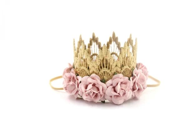 MINI gold Sienna lace crown headband with BLUSH flowers || birthday crown photography prop || bab... | Etsy (US)