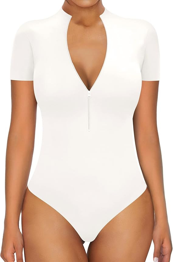 MANGOPOP Zipper V Neck Sleeveless Short Sleeve Long Sleeve Bodysuit for Women Tops T Shirts | Amazon (US)
