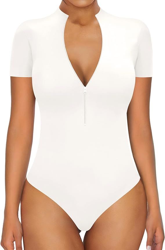 MANGOPOP Zipper V Neck Sleeveless Short Sleeve Long Sleeve Bodysuit for Women Tops T Shirts | Amazon (US)