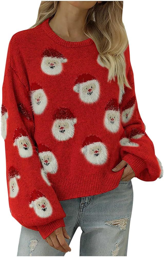 Womens Ugly Christmas Sweater Chunky Knit Crewneck Shirt Loose High Stretchy Long Sleeve Pullover... | Amazon (US)