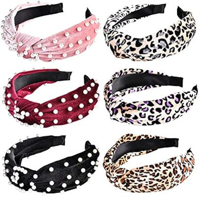 Velvet Headbands for Women, Vintage Wide Knotted Headbands with Faux Pearl & Leopard, Turban Head... | Amazon (US)