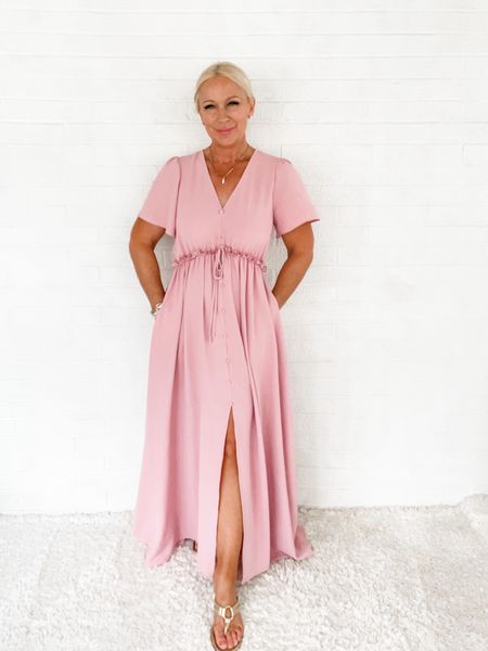 Styling Midlife Arms for Dresses. This lovely mauve dress offers a flutter sleeve that covers the arms but allows air to follow around the skin. The perfect wedding guest dress!

#LTKSeasonal #LTKunder50 #LTKwedding