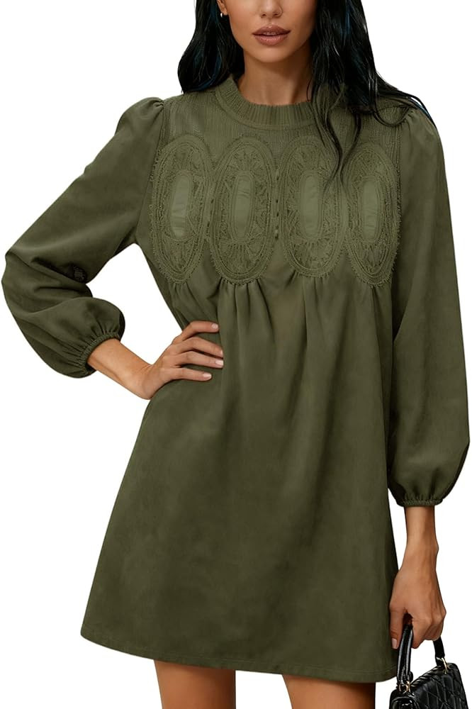 Athlisan Women's 2025 Fall Mini Dress Long Sleeve Faux Suede Lace Patchwork Babydoll A-Line Swing... | Amazon (US)