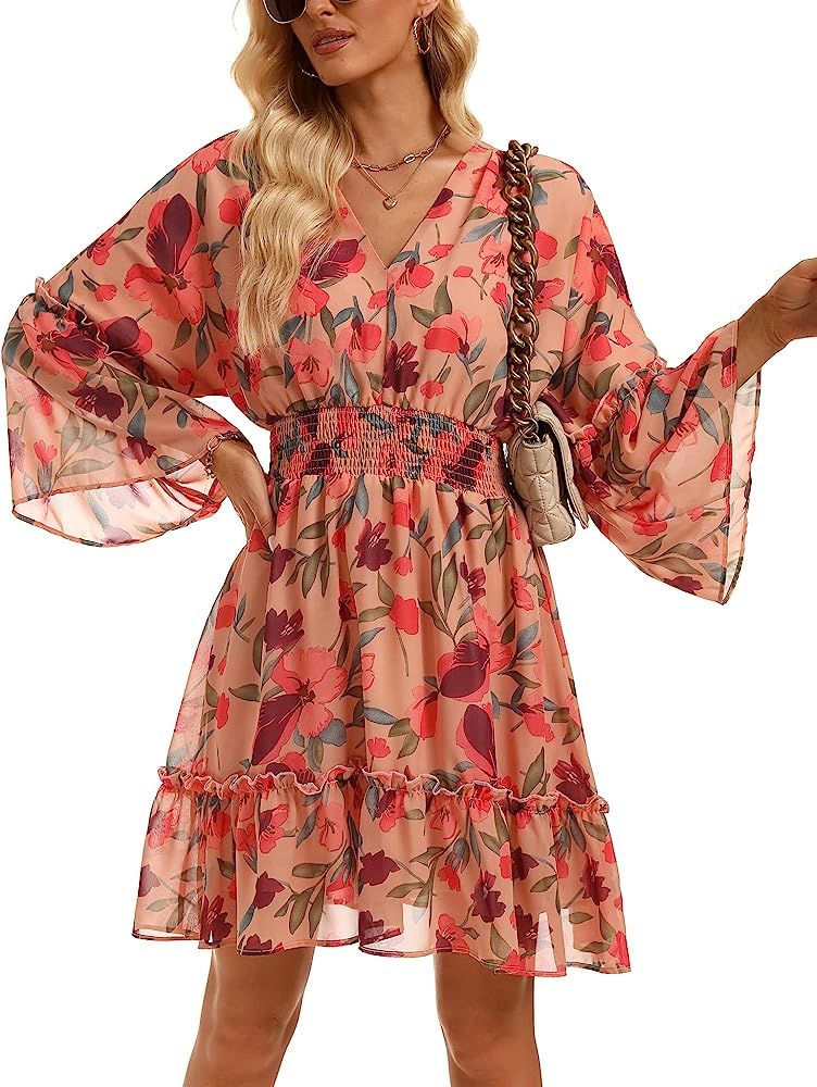Jollycode Women's Spring Summer 2023 Floral Mini Dress Boho A Line Chiffon Dress Casual Batwing Slee | Amazon (US)