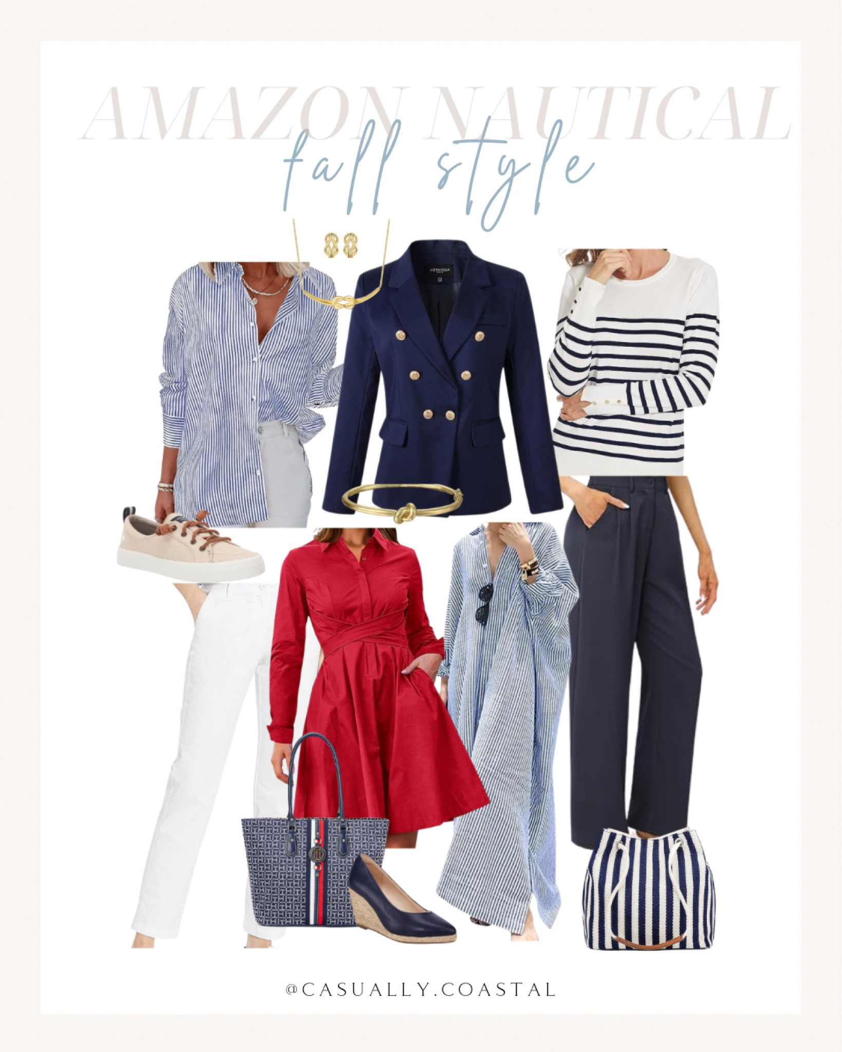 The waning summer days call for longer lengths, lighter layers with a fun nautical twist!
- 
Amazon style, Amazon outfit, fall style, summer transition style, casual style, nautical outfit, yacht club fashion, preppy style, casually coastal, white pants, navy pants, weekend style, long drapey dress, linen, stripes, casual dress, work style, Kate Spade jewelry, sailor's knot, Sperry, deck shoes, Tommy Hilfiger, preppy bag, button down shirt, long sleeve t-shirt, wedge pumps, espadrilles 

#LTKstyletip #LTKSeasonal #LTKFind