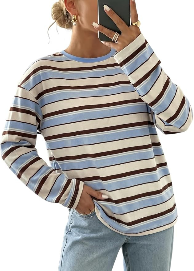 Dokotoo Womens Tops Long Sleeve Striped Shirts for Women Fall Clothes | Amazon (US)