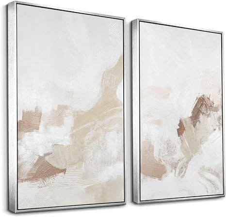 Framed Neutral Abstract Wall Art Set - Pastel Duotone Tan and White Abstract Illustrations Modern... | Amazon (US)
