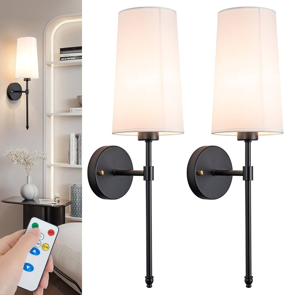 Battery Operated Wall Sconce Light with Remote Control, Dimmable Wall Sconce Set of 2 with White ... | Amazon (US)