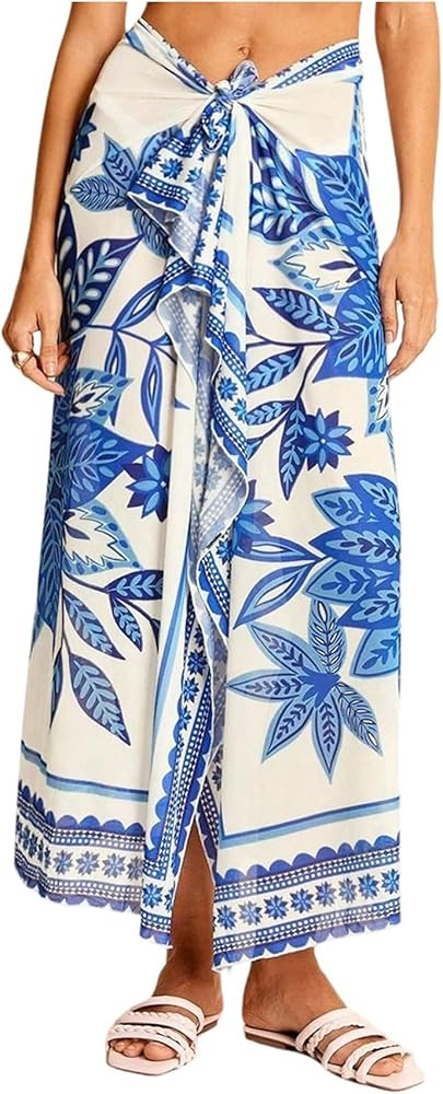 OYOANGLE Women's Beach Sarong Swimsuit Sheer Cover Ups Plant Print Knot Side Wrap Long Skirt Swim... | Amazon (US)