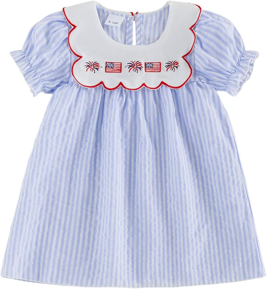 Toddler Baby Girl 4th of July Dress Puff Short Sleeve Peter Pan Collar USA Flag Embroidery A Line... | Amazon (US)