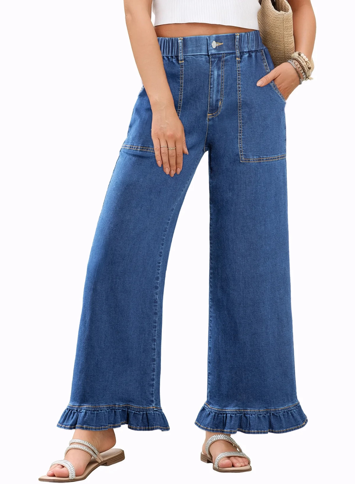 DOKOTOO Jeans for Women High Waisted Wide Leg Jeans with Ruffle Hem Trendy Stretchy Denim Loose P... | Walmart (US)
