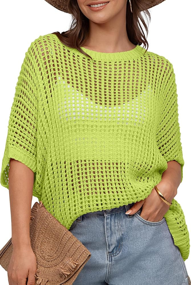 UEU Womens Summer Tops Crochet Short Sleeve Mesh Knit Sweater Shirts Beach Swimsuit Swim Cover Up... | Amazon (US)