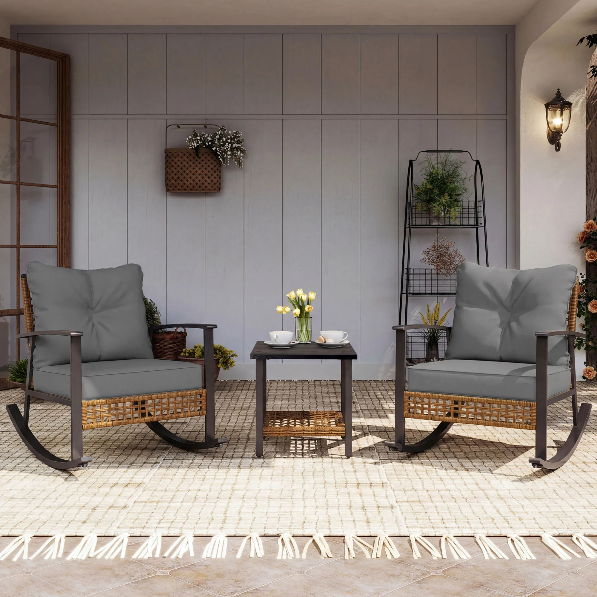 Aljaquan 2 - Person Metal Patio Bistro Set With Cushions, Outdoor Rocking Wicker Conversation Set With Coffee Table | Wayfair North America