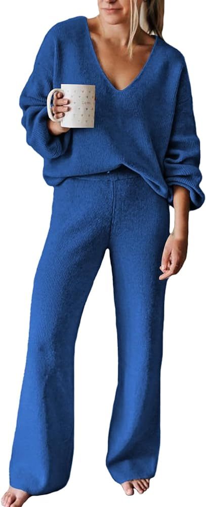 Viottiset Women's 2 Piece Outfits Casual V Neck Knit Wide Leg Sweater Lounge Set Sweatsuit | Amazon (US)