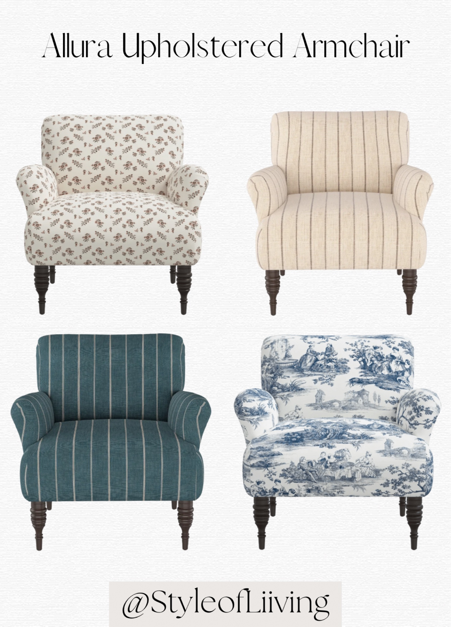 Patterned armchair from Birch Lane. Turned wooden legs. Solid pine wood frame, foam fill, linen blend upholstery. Farmhouse style. Coastal cottage style. Cotton fabric. Living room furniture. Home design. Southern style.

#LTKsalealert #LTKstyletip #LTKhome