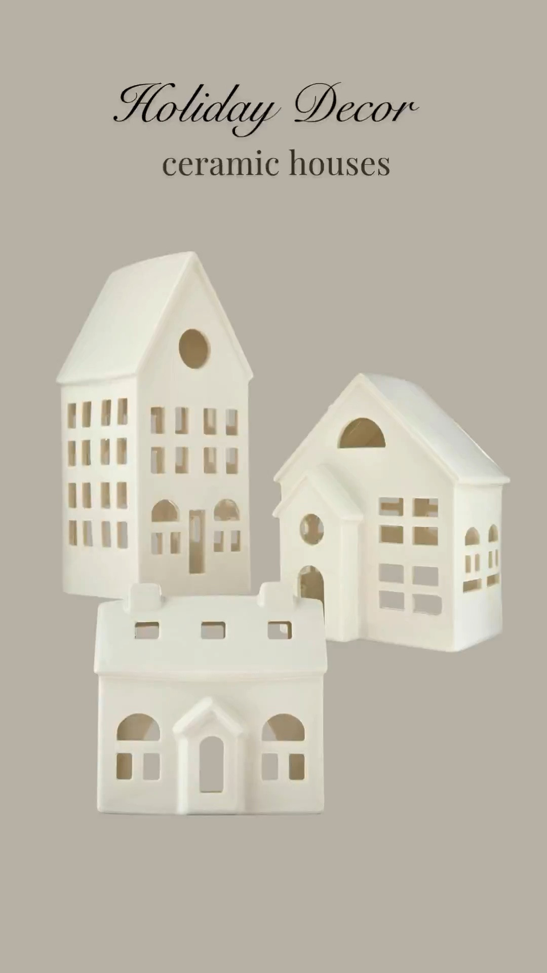 These adorable houses feature cutout doors and windows that cast a soft glow with tealight candles. Made of ceramic, you can place these houses on a tabletop or entryway table for a warm, festive display. Stockings, artwork, candlesticks, candle, coffee mug, cedar, pine, wreath, garland, bells, christmas tree, throw blanket, pillow, houses, holiday gift, gift list#LTKHoliday

#LTKHome #LTKFindsUnder50 #LTKHoliday