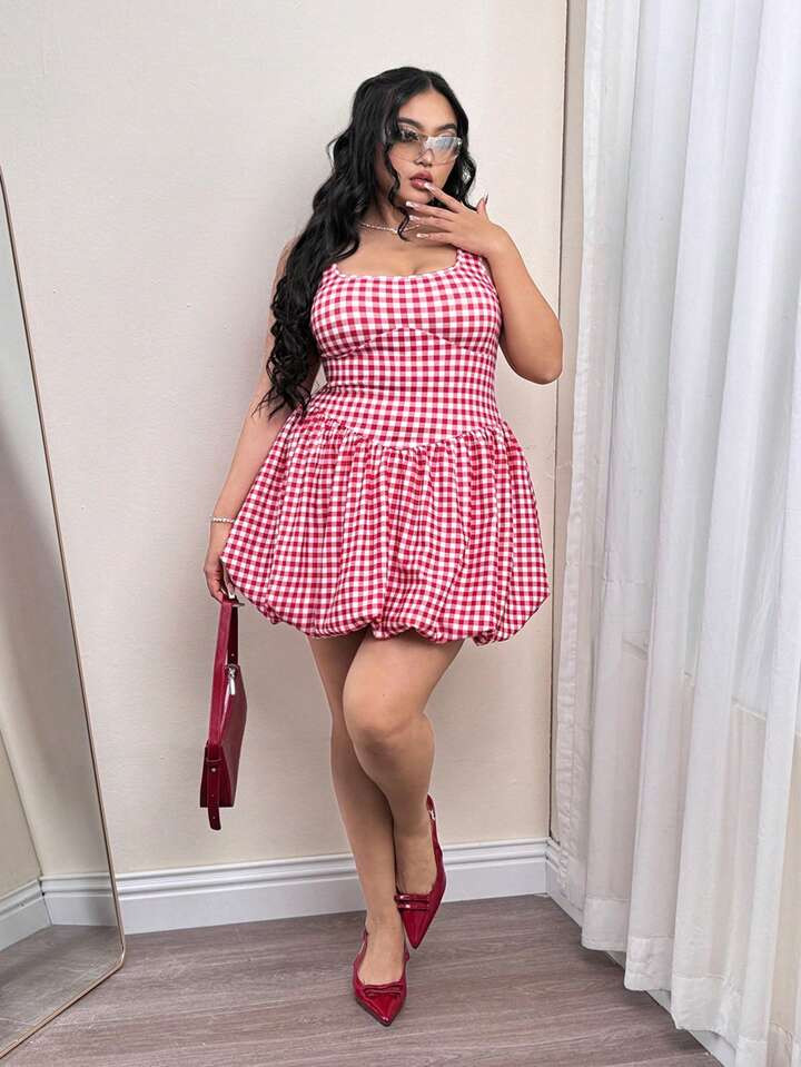SHEIN ICON Plus Size Wide Strap Plaid Print Loose Y2K Style Bubble Dress, Casual Spring Sweet Dre... | SHEIN