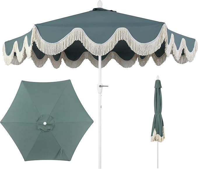 JONATHAN Y UMB1001K Collins 9 ft. Classic Cottage Fringe Tassel Market Patio Umbrella with Auto-T... | Amazon (US)