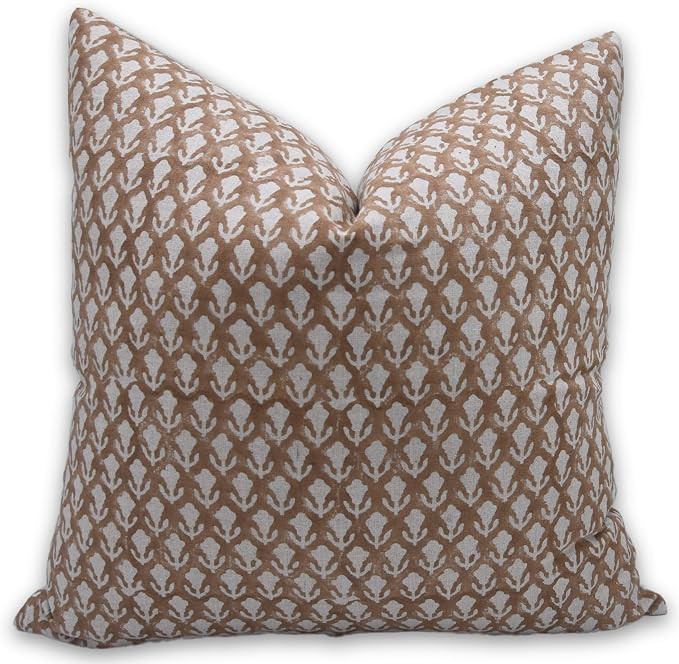 Handmade Floral Block Print 20x20 Pure Linen Vintage Throw Pillowcase Cushion Cover, Fall Decorat... | Amazon (US)