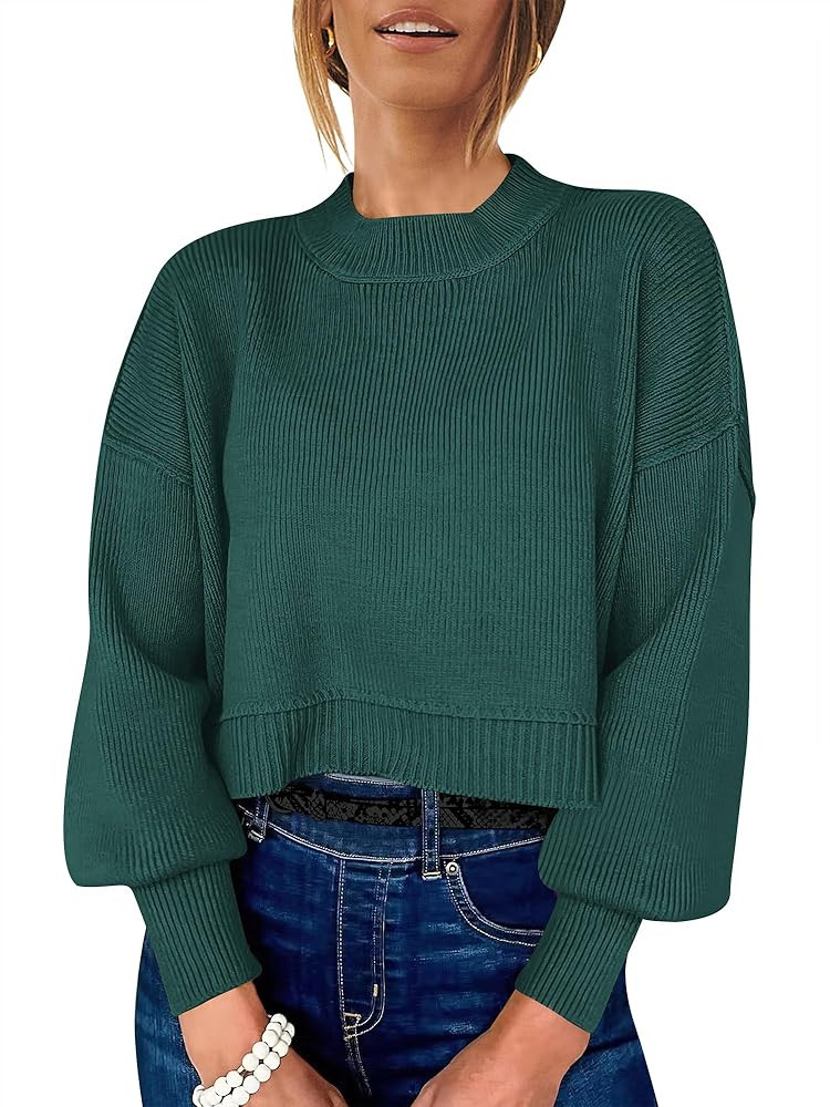 ANRABESS Womens Cropped Sweaters Oversized Crewneck Long Batwing Sleeve Side Slit Ribbed Knit Pul... | Amazon (US)