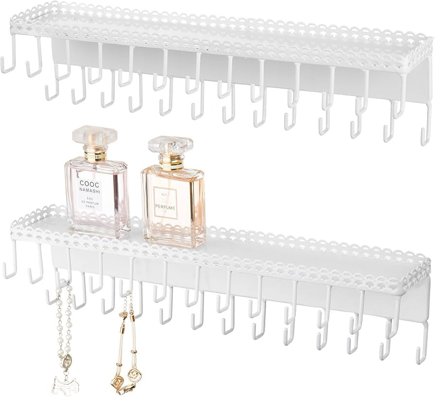 MyGift White Metal Wall-Mounted Jewelry Hanging Shelf with 26 Necklace Hooks, Set of 2 | Amazon (US)