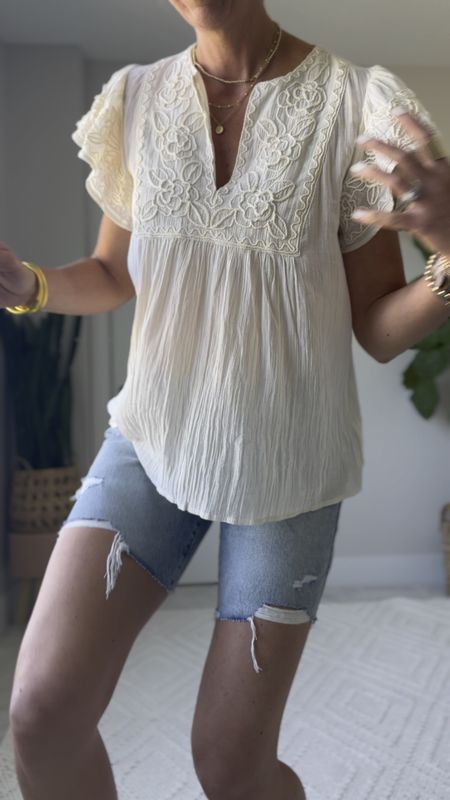 Summer statement maker top that is perfect to pair with denim shorts! It’s 100% cotton and I’m wearing my true size small

#LTKFindsUnder50 #LTKStyleTip #LTKOver40