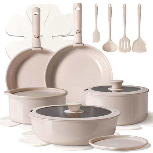 CAROTE Ceramic Cookware Sets, Pots and Pans Set Non Stick Non Toxic, Induction Cookware, Kitchen Cookware Sets, Pots Set for Healthy Coooking 19Pcs, Taupe | Amazon (US)