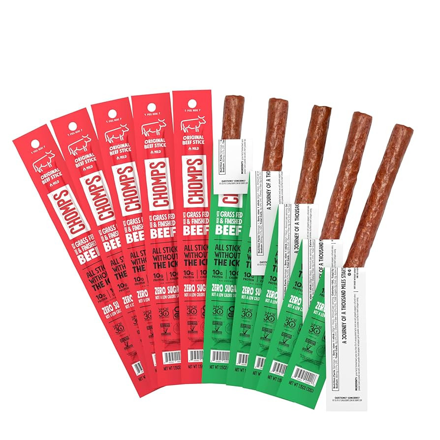 CHOMPS Grass Fed Beef Jerky Sticks, Variety Pack, 10 Sticks: (5) Original Beef, (5) Jalapeno Beef... | Amazon (US)
